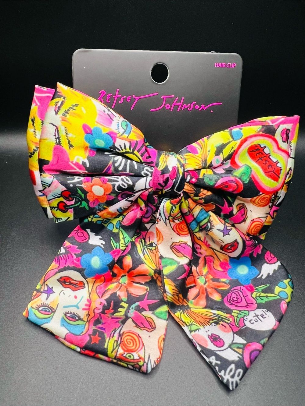 NWT Betsey Johnson Oversized Bow Clip Statement Black Tattoo Multi Pop Art.
